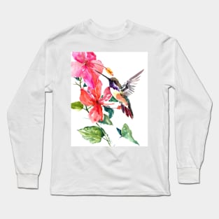 Hummingbird and Hibiscus Flowers Long Sleeve T-Shirt